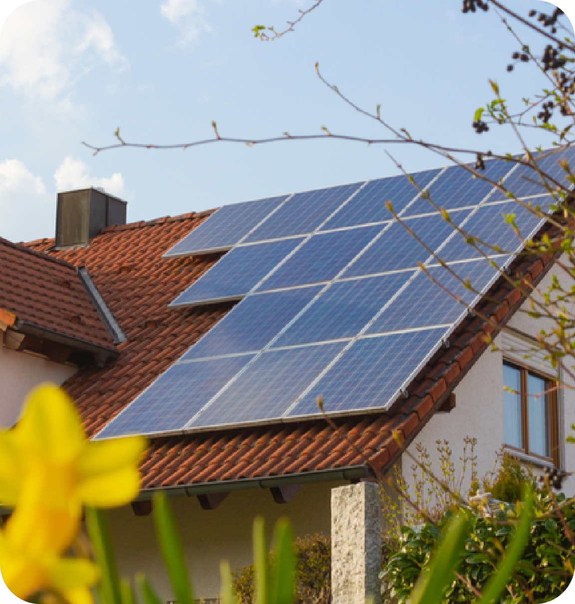 Clay shingles, solar panels on house with yellow flower on front