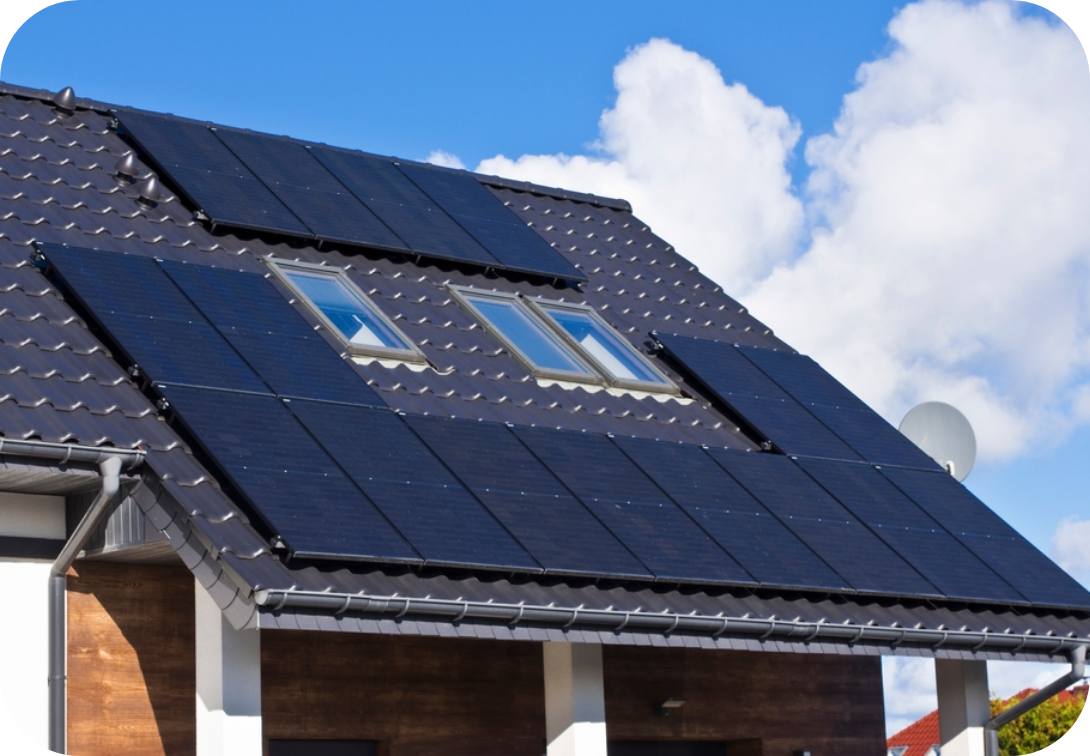 Solar panels on house with skylights