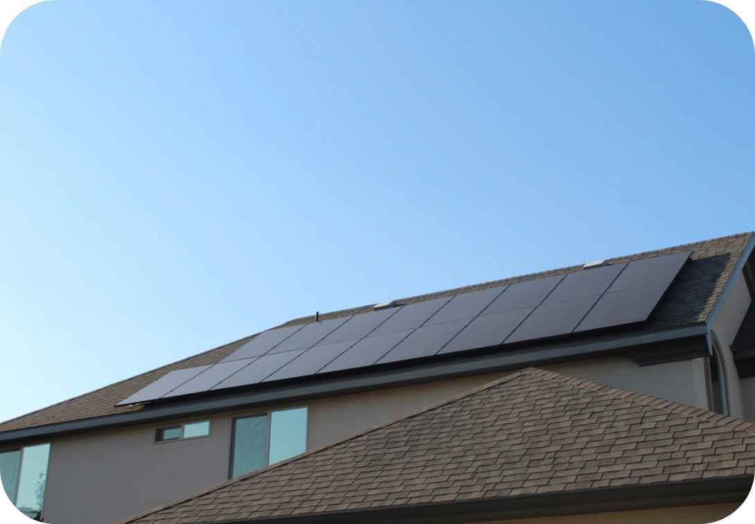 Solar panel on a second story. First story partial roof is below.