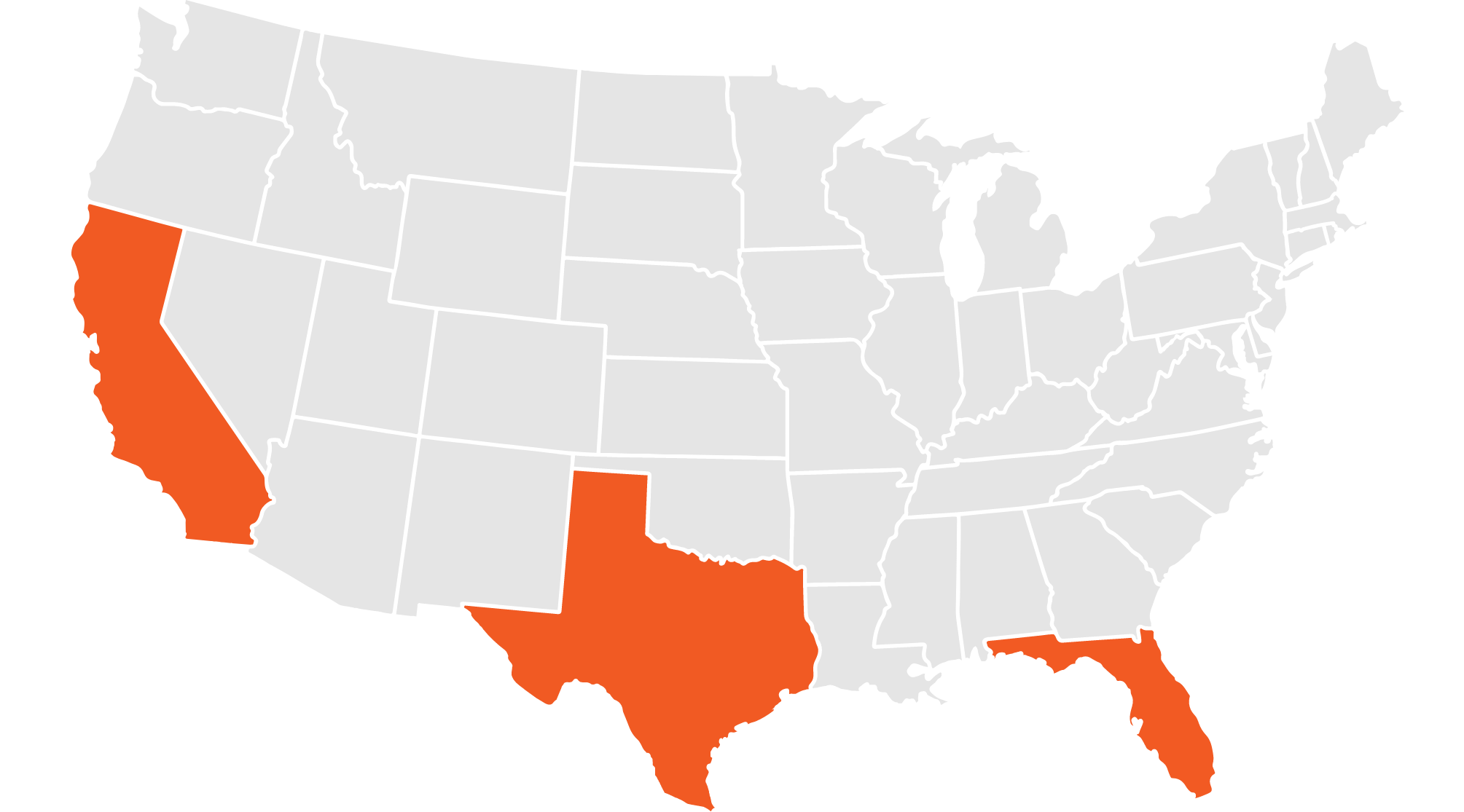 Map of the USA with California, Florida, and Texas highlighted